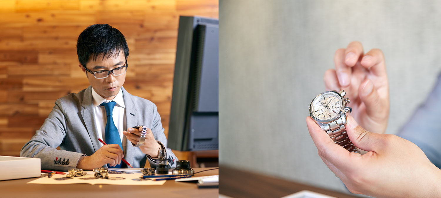 Watch designer Kubo looking at Grand Seiko SBGC201 chronograph.